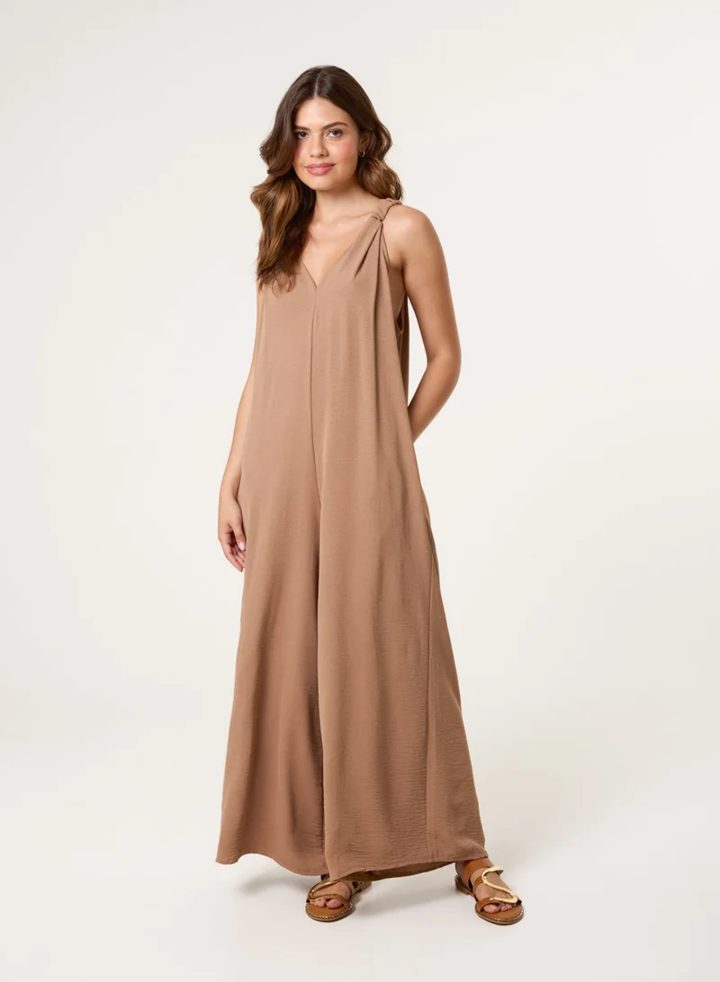 Wide Leg Side Pocket Double V Jumpsuit